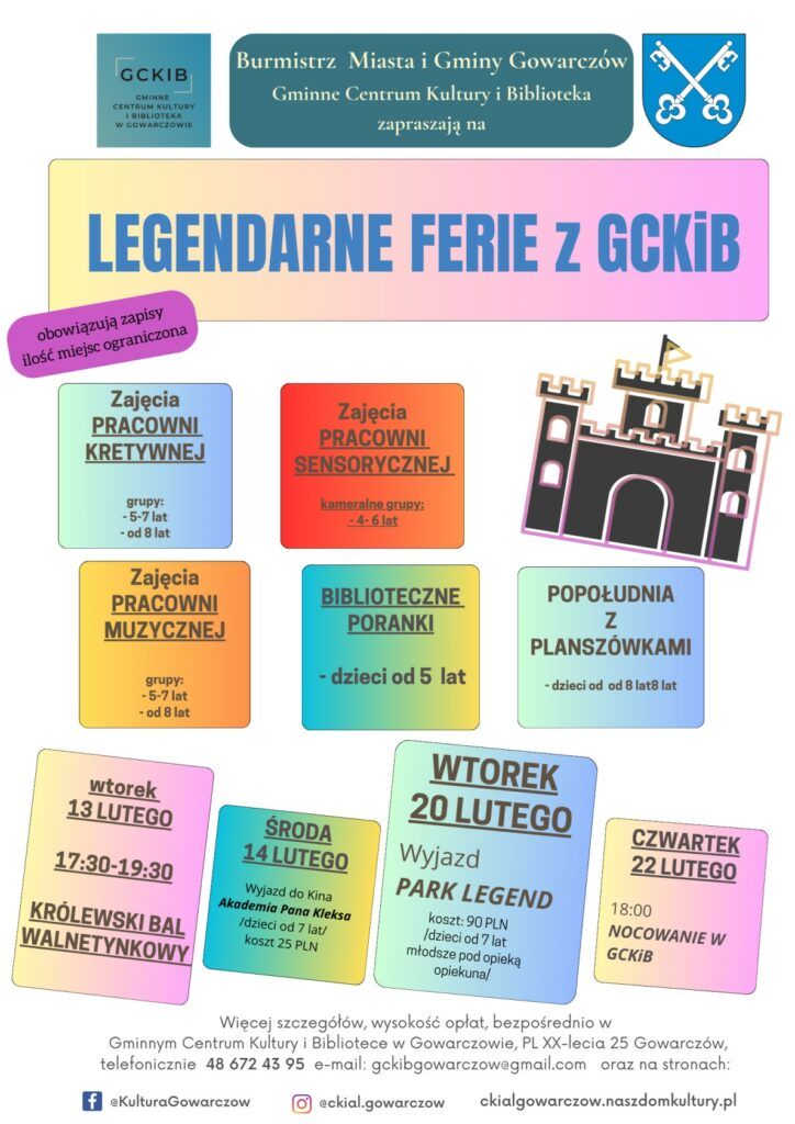 Plakat informujący o wydarzeniach organizowanych przez Centrum Kultury i Bibliotekę w okresie ferii zimowych